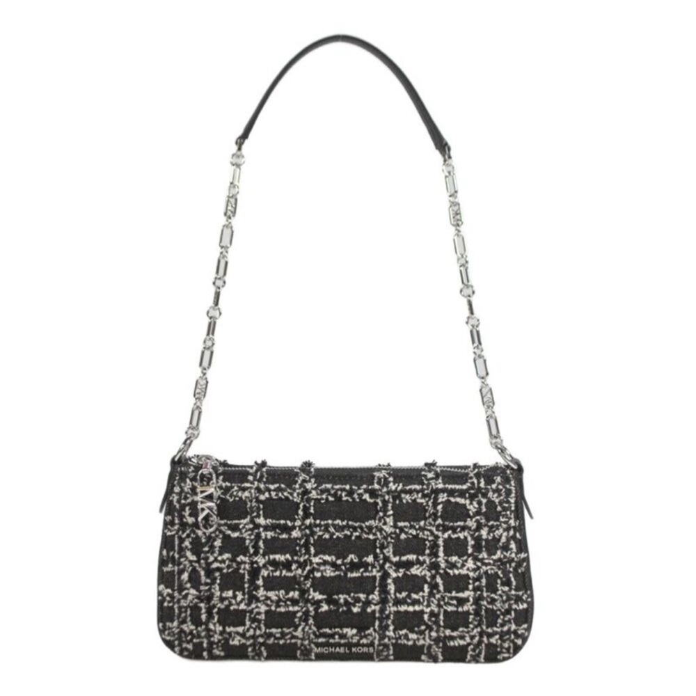 Michael Kors Black & White Denim Tweed Shoulder Bag with Silver Chain
